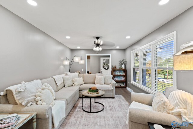 living room with ceiling fan and hardwood / wood-style floors