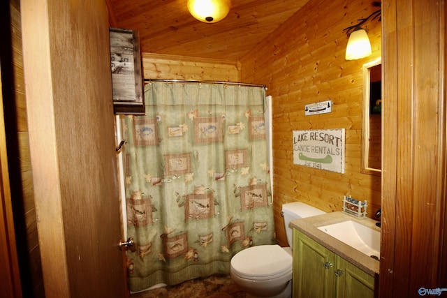 17395 County Road 31, Centre, AL 35960 - full bathroom featuring vanity, a shower with shower curtain, wooden walls, wooden ceiling, and toilet