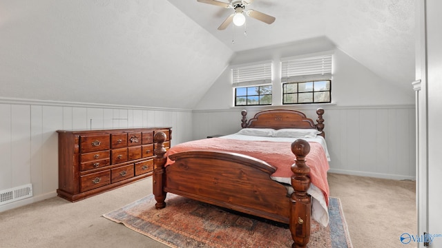 17395 County Road 31, Centre, AL 35960 - carpeted bedroom featuring visible vents, ceiling fan, a textured ceiling, and lofted ceiling