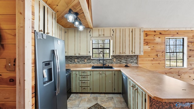 17395 County Road 31, Centre, AL 35960 - kitchen featuring green cabinetry, a peninsula, a sink, light countertops, and appliances with stainless steel finishes