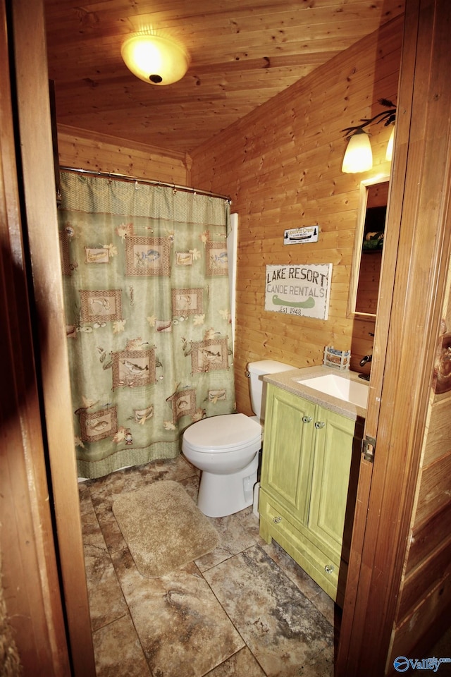17395 County Road 31, Centre, AL 35960 - bathroom featuring vanity, wooden walls, a shower with curtain, wood ceiling, and toilet