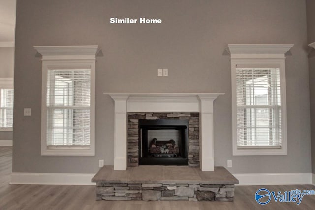 room details with a stone fireplace, wood finished floors, and baseboards