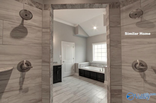 bathroom featuring ornamental molding, a tile shower, baseboards, and a bath