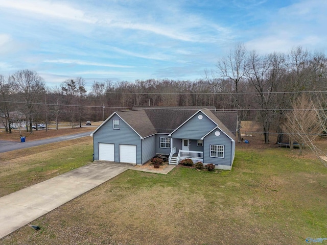 ranch-style home with a porch, a garage, and a front lawn