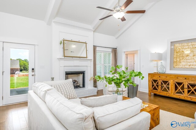 living room featuring a brick fireplace, a healthy amount of sunlight, hardwood / wood-style flooring, and ceiling fan