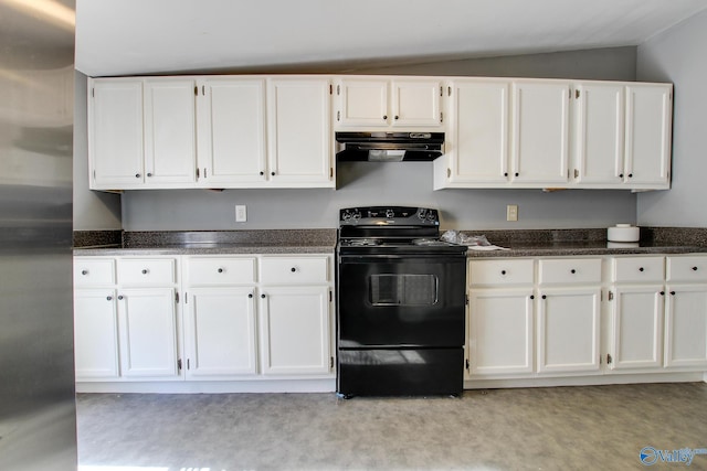 kitchen with lofted ceiling, stainless steel fridge, white cabinetry, electric range, and ventilation hood