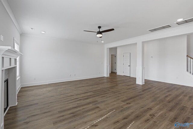 197 Chesire Cove Ln, New Market, AL 35761 - unfurnished living room featuring dark hardwood / wood-style flooring, a fireplace, and ceiling fan
