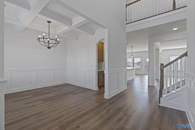 197 Chesire Cove Ln, New Market, AL 35761 - unfurnished dining area featuring beamed ceiling, coffered ceiling, dark hardwood / wood-style floors, and a notable chandelier