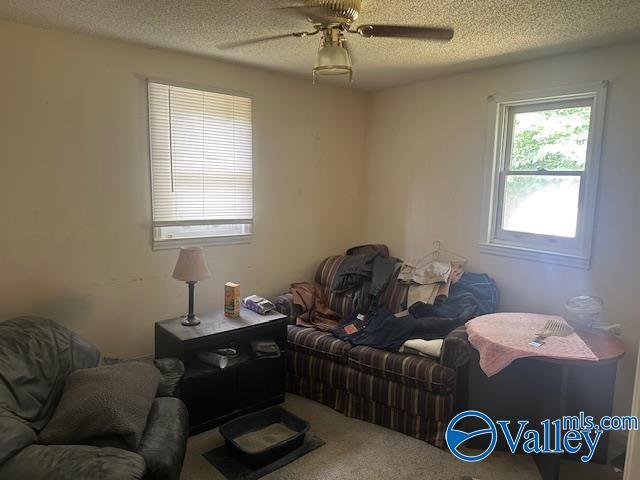 3613 Mcvay St, Huntsville, AL 35805 - carpeted living area with a textured ceiling and ceiling fan