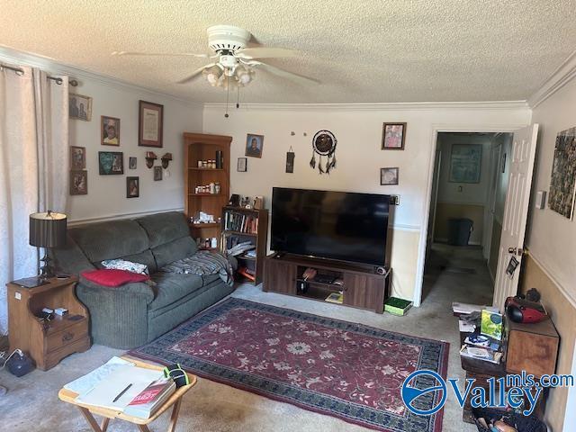 3613 Mcvay St, Huntsville, AL 35805 - carpeted living room with a ceiling fan, crown molding, and a textured ceiling