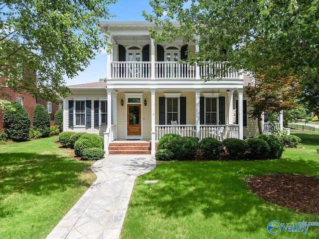 italianate home with a front lawn, a porch, and a balcony