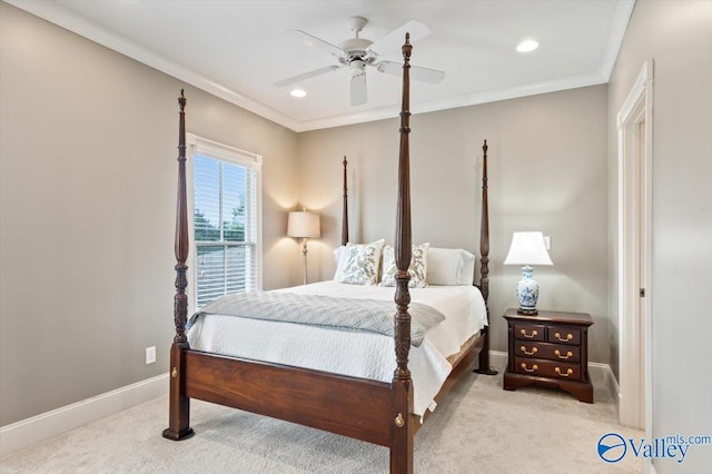 bedroom with light carpet, baseboards, recessed lighting, and ornamental molding