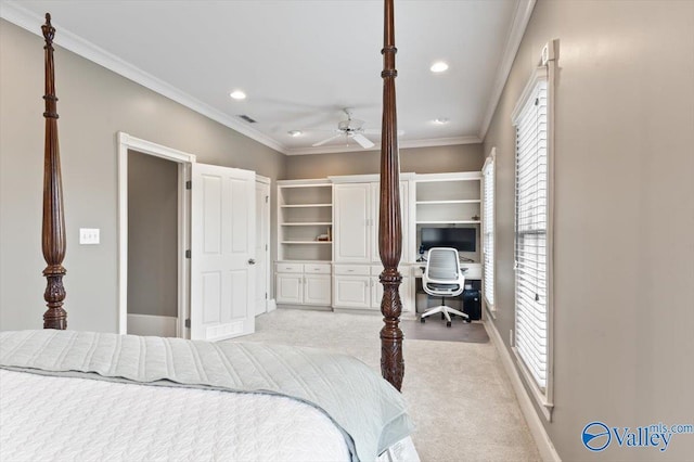 bedroom featuring recessed lighting, crown molding, visible vents, and carpet flooring