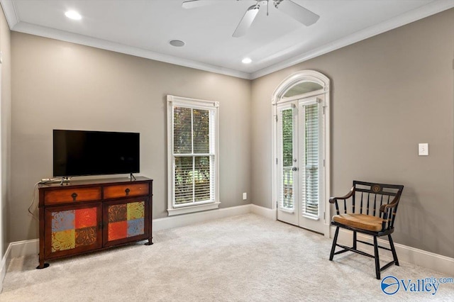 sitting room featuring baseboards, ornamental molding, carpet flooring, and recessed lighting