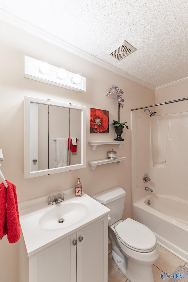 full bathroom with a textured ceiling, tile patterned flooring, toilet, vanity, and visible vents