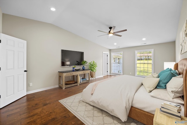 bedroom with recessed lighting, vaulted ceiling, a ceiling fan, dark wood-type flooring, and baseboards