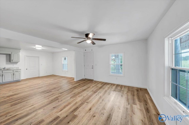 unfurnished living room featuring ceiling fan, sink, and light wood-type flooring