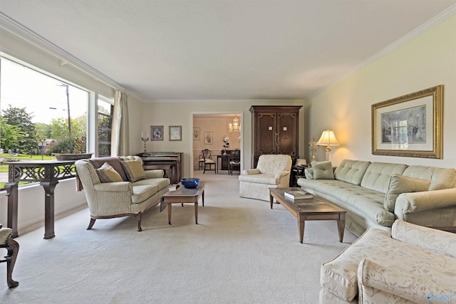 carpeted living room featuring ornamental molding