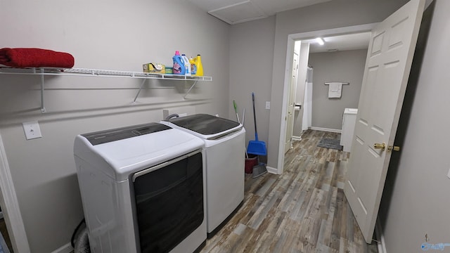 clothes washing area featuring washing machine and clothes dryer and wood-type flooring