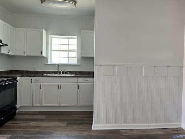 kitchen with white cabinetry, dark hardwood / wood-style flooring, sink, and black range with electric stovetop