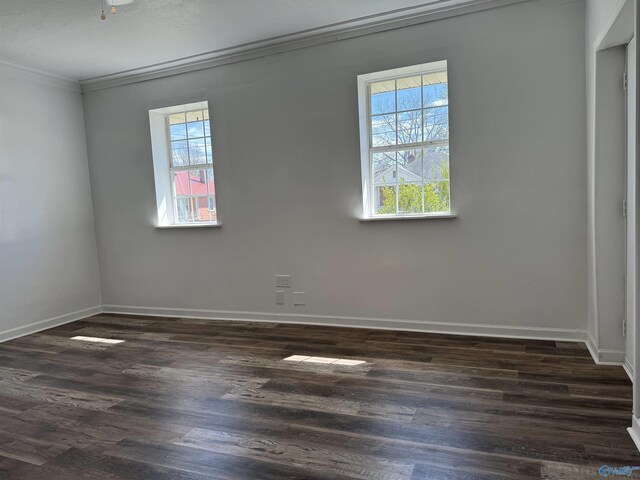 unfurnished room with ornamental molding, plenty of natural light, and dark hardwood / wood-style floors