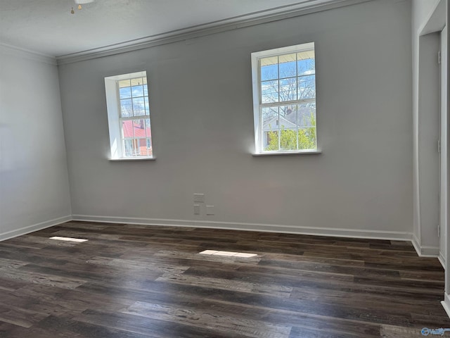 unfurnished room with ornamental molding and dark hardwood / wood-style floors