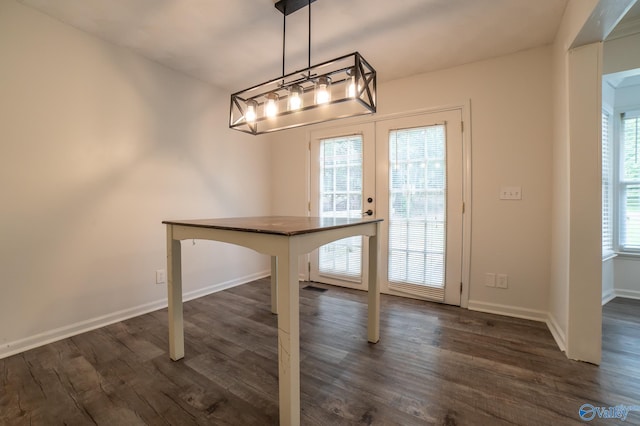 unfurnished dining area featuring dark hardwood / wood-style floors and french doors