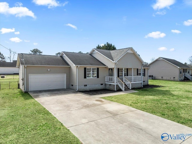 single story home with an attached garage, covered porch, driveway, crawl space, and a front yard