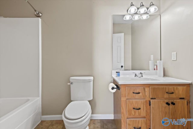 full bathroom featuring toilet, shower / bathtub combination, vanity, and baseboards