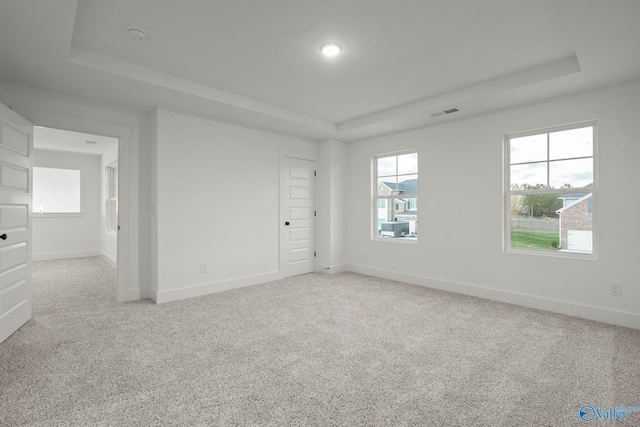 unfurnished room with plenty of natural light, a tray ceiling, and light carpet