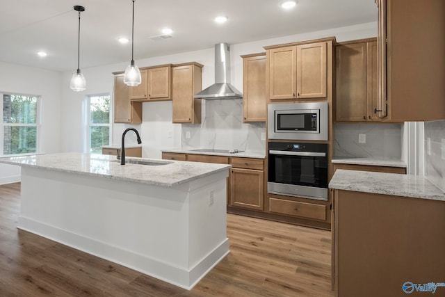 kitchen with a center island with sink, appliances with stainless steel finishes, sink, and wall chimney range hood