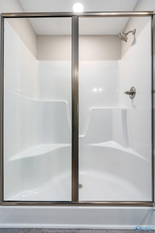 bathroom featuring a shower with shower door