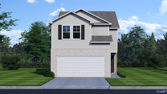 view of front of home with a garage and a front lawn