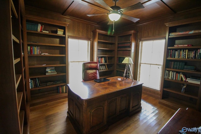 office space with wooden ceiling, wooden walls, wood-type flooring, and ornamental molding