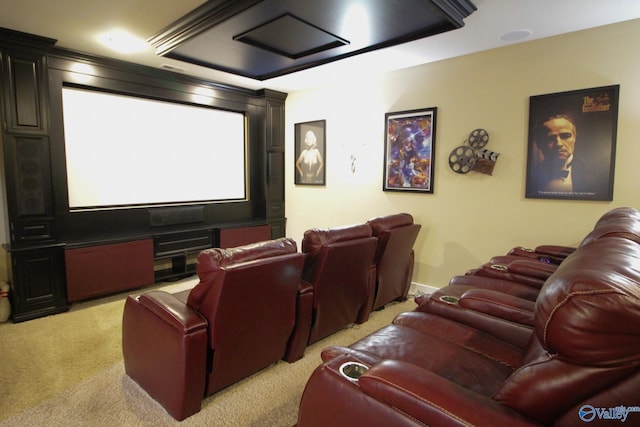 home theater featuring light carpet