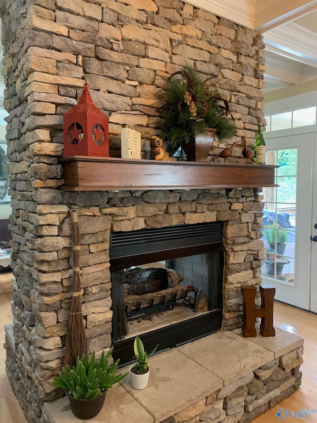 details featuring ornamental molding, a fireplace, and wood finished floors