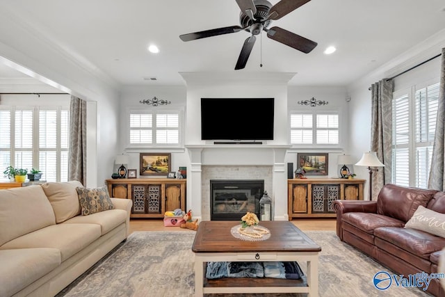 living area with crown molding, light wood-type flooring, and a wealth of natural light