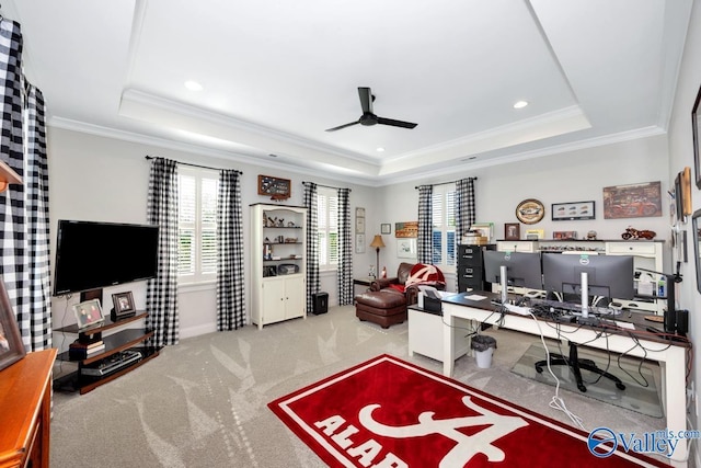 office featuring crown molding, a raised ceiling, carpet, and a ceiling fan