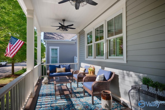 exterior space featuring a ceiling fan and an outdoor hangout area