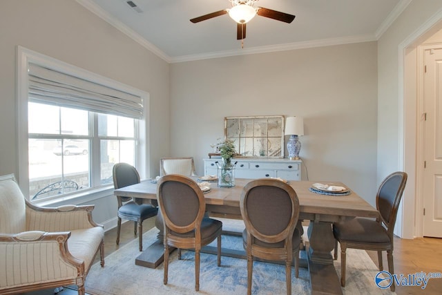 dining space featuring ceiling fan, ornamental molding, visible vents, and light wood-style floors