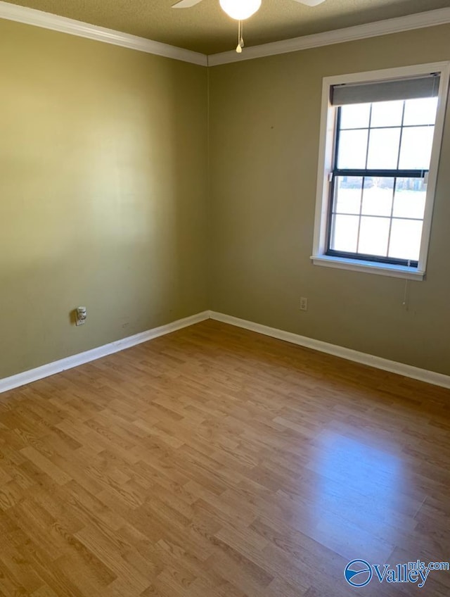 spare room featuring light wood finished floors, ceiling fan, ornamental molding, and baseboards