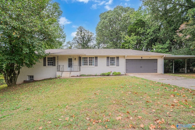 single story home with a carport, a garage, and a front lawn