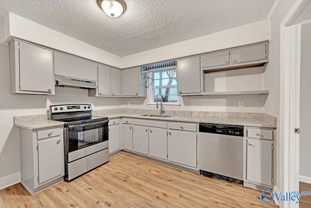 kitchen featuring sink, gray cabinetry, stainless steel appliances, and a textured ceiling