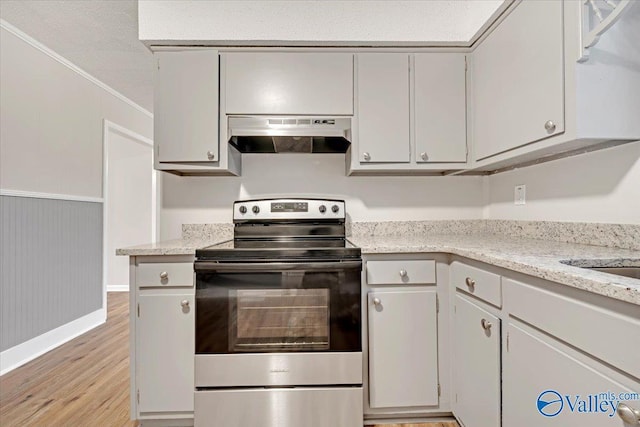 kitchen featuring light stone countertops, electric range, and light hardwood / wood-style flooring