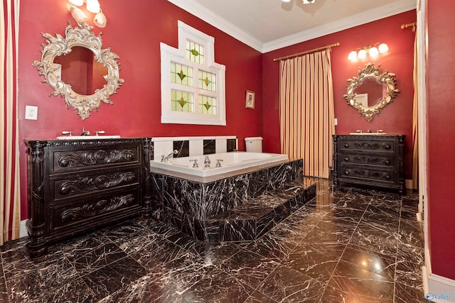 bathroom featuring tiled tub, vanity, tile patterned floors, and crown molding