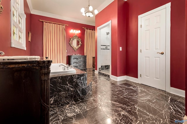 bathroom with tile patterned flooring, crown molding, plus walk in shower, and a notable chandelier