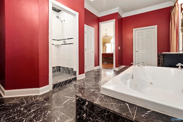 bathroom featuring ornamental molding, independent shower and bath, and tile patterned flooring