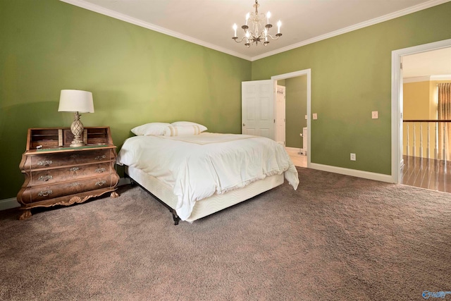 carpeted bedroom with an inviting chandelier and ornamental molding