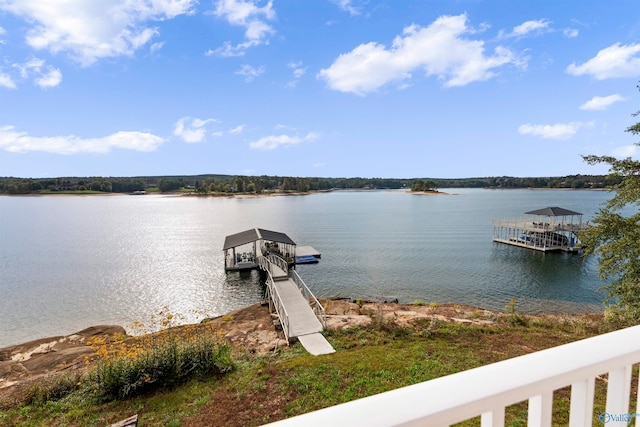 view of dock with a water view