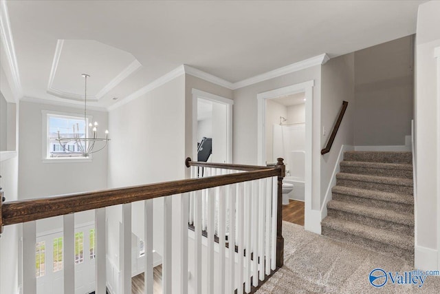 246 Tybee Dr, Madison, AL 35756 - hall with a chandelier, a tray ceiling, crown molding, and carpet floors